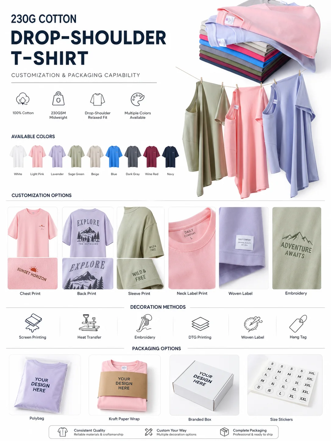 230GSM Cotton Drop Shoulder T-Shirt Oversized Relaxed Fit Crew Neck Casual Unisex Blank OEM
