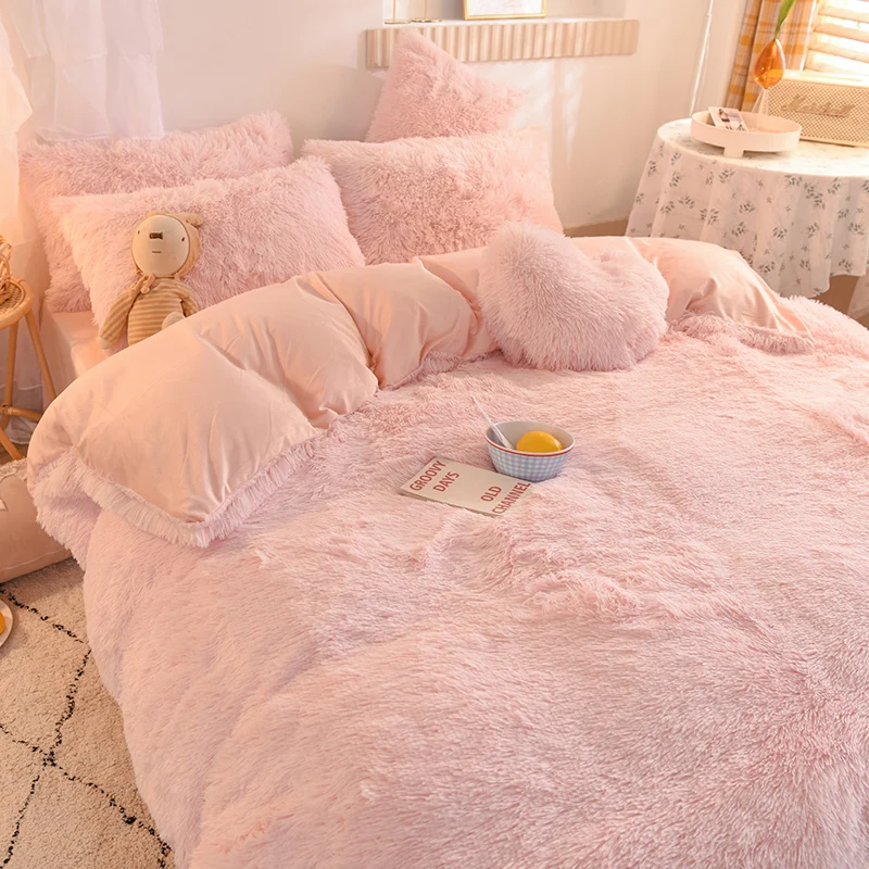 New Style Pink Luxury Plush Shaggy Ultra Soft Crystal Velvet Duvet Cover Fluffy Bed Sets Fluffy