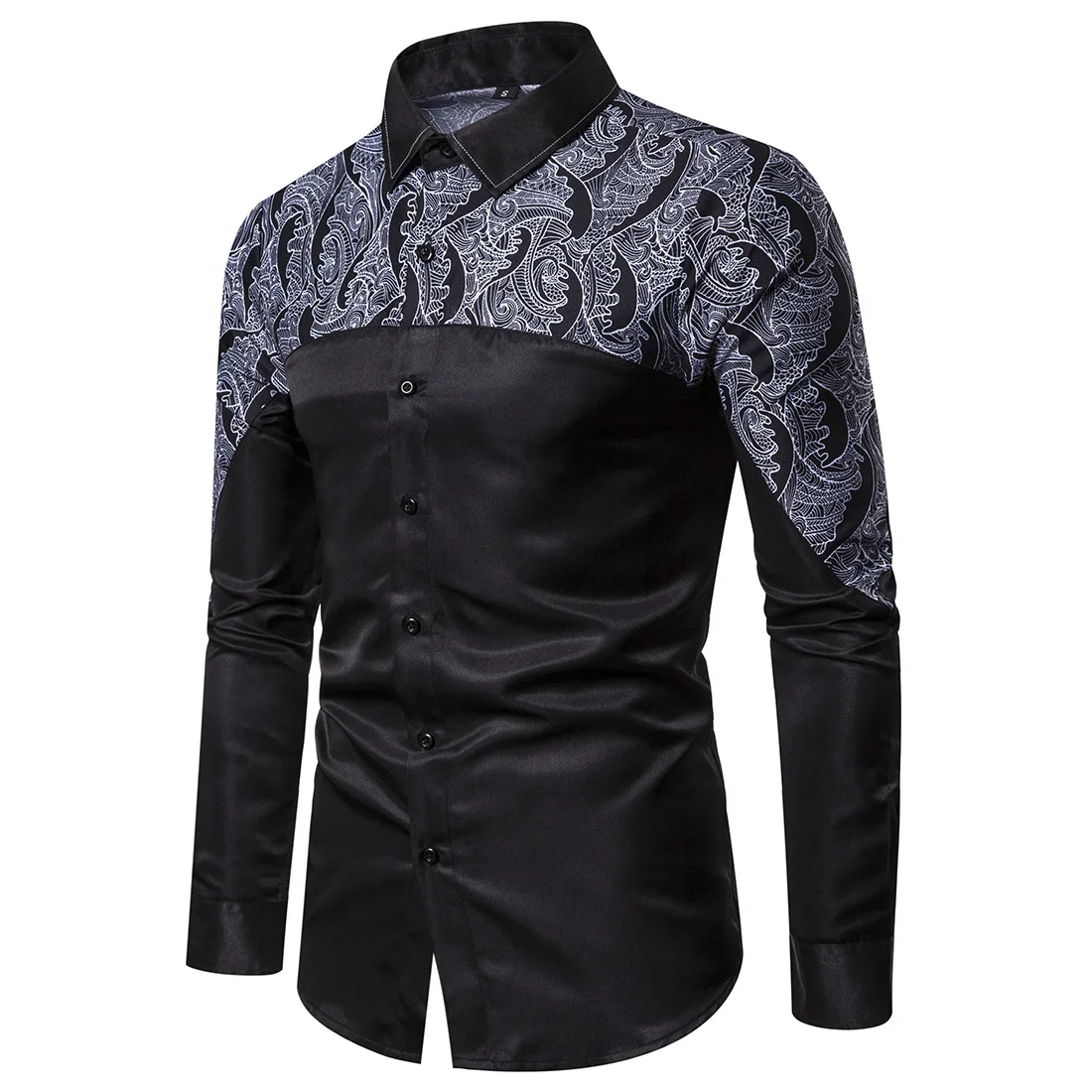 Long Sleeve Men Casual Shirts Elegant Patchwork Design Black Color