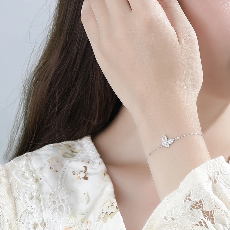 极简主义女士镀金手镯925纯银锆石蝴蝶手镯