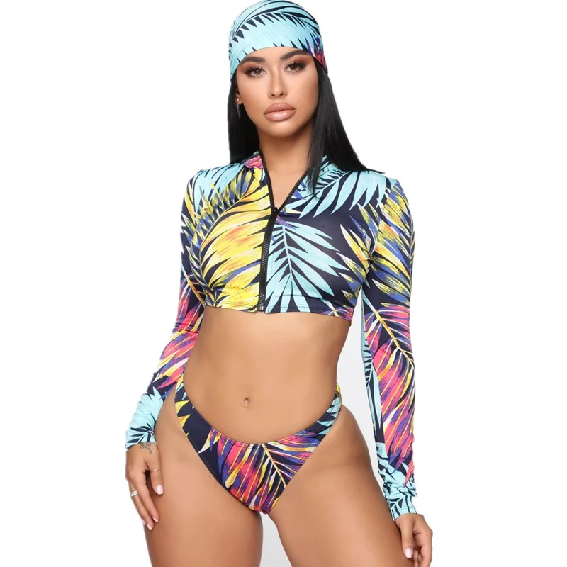 

Long Sleeves Swim Bathing Suit Womens 3 Piece Swimsuit Zipper Swim Beachwear