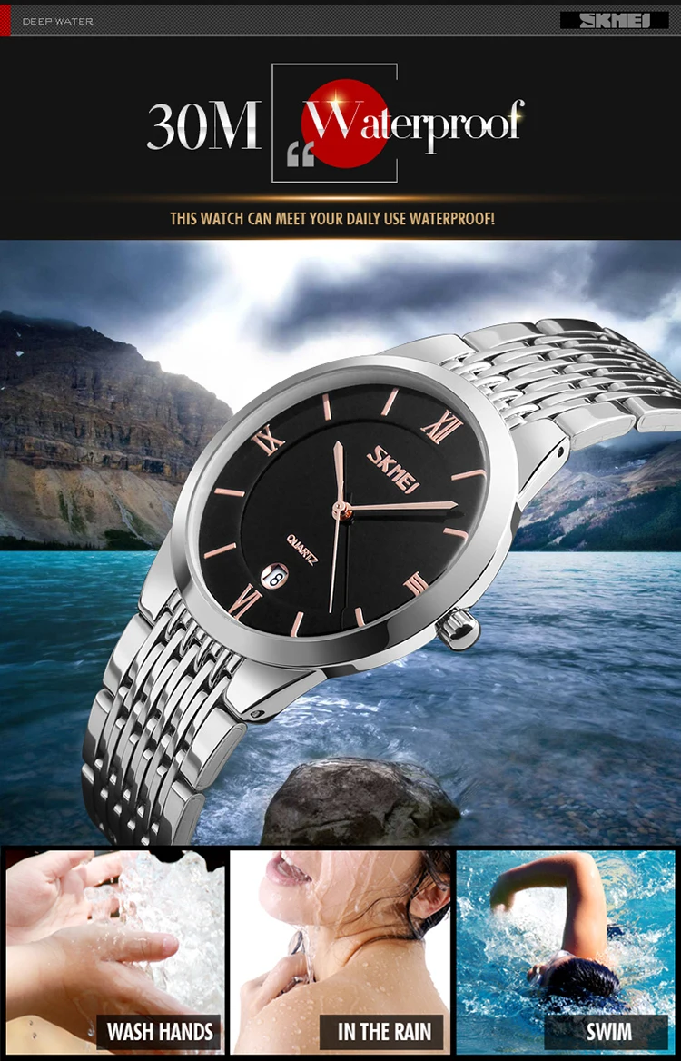 SKMEI 9139 Top 10 marche argento coppia orologio al quarzo di lusso in acciaio inossidabile cinturino impermeabile Auto data semplice orologio da polso coppia