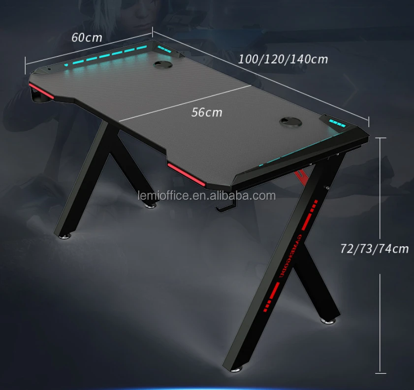 Modern Rgb Led Gamer Table Z Legs Shaped Adjustable Gaming Desk Mesa De