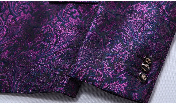 Purple Paisley Floral One Button Suits Jacket Pants Men Stage Party Wedding Groom Suit