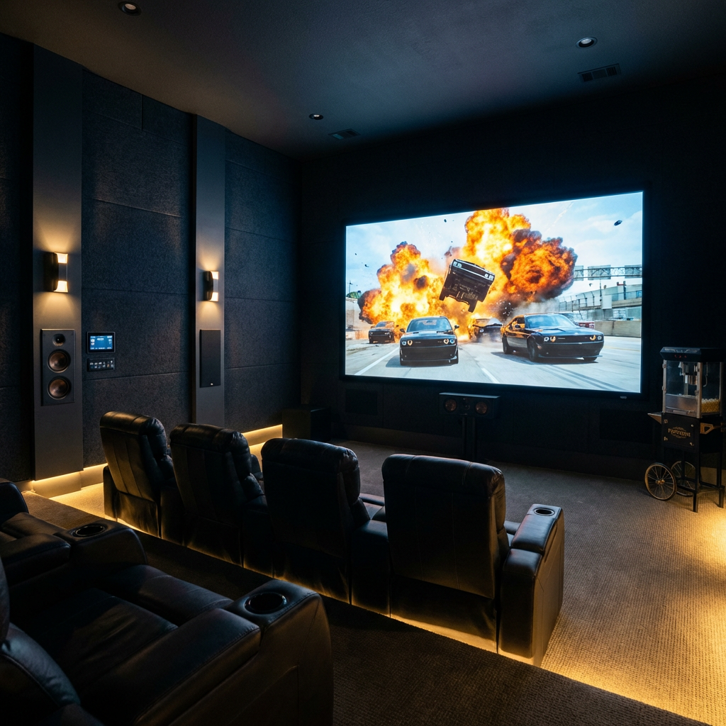 Side-by-side comparison of 100-inch Mini-LED and 97-inch OLED TVs in a home theater setting