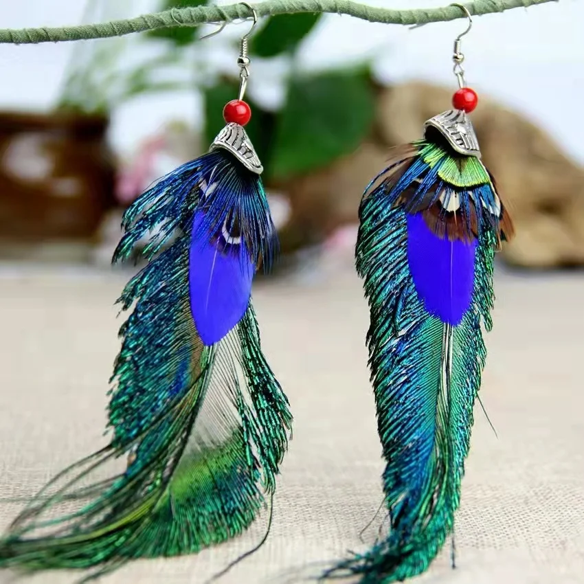 long peacock feather earrings