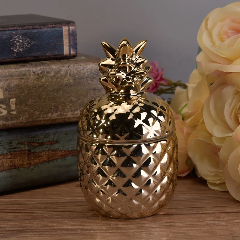 Pineapple shape ceramic candle jar decorative with gold lid wholesales
