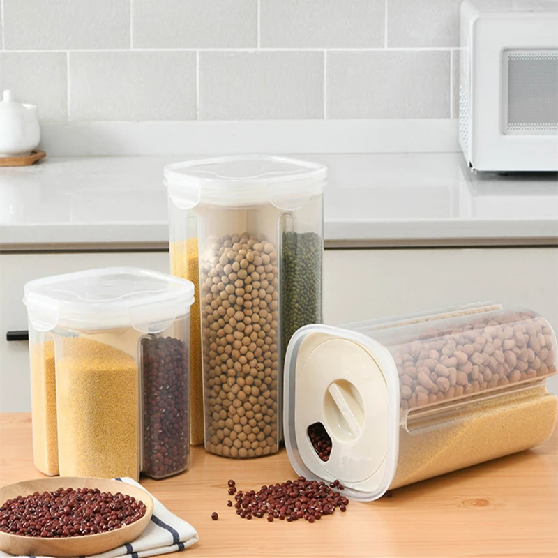 Kitchen Grain Storage Box Plastic Food Container Airtight Can with 4 Divided Compartments for Pasta Rice Dried Fruits supplier