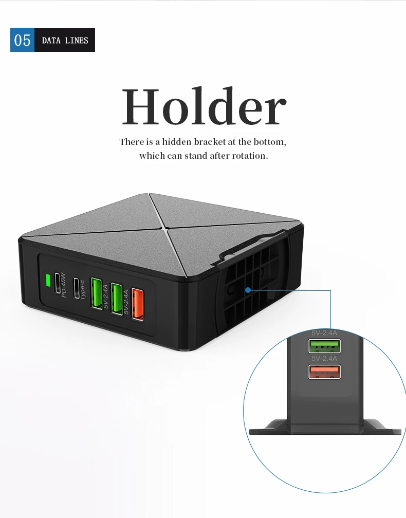 Multiple PD 75w Desktop 5 USB Ports  Charger Qi Fast Travel Adapter for Mobile phone