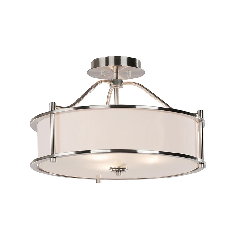 Contemporary 18 inch Semi Flush Mount Brushed Nickel 3 Light Close to Ceiling Light with Fabric Shade and Glass Diffuser