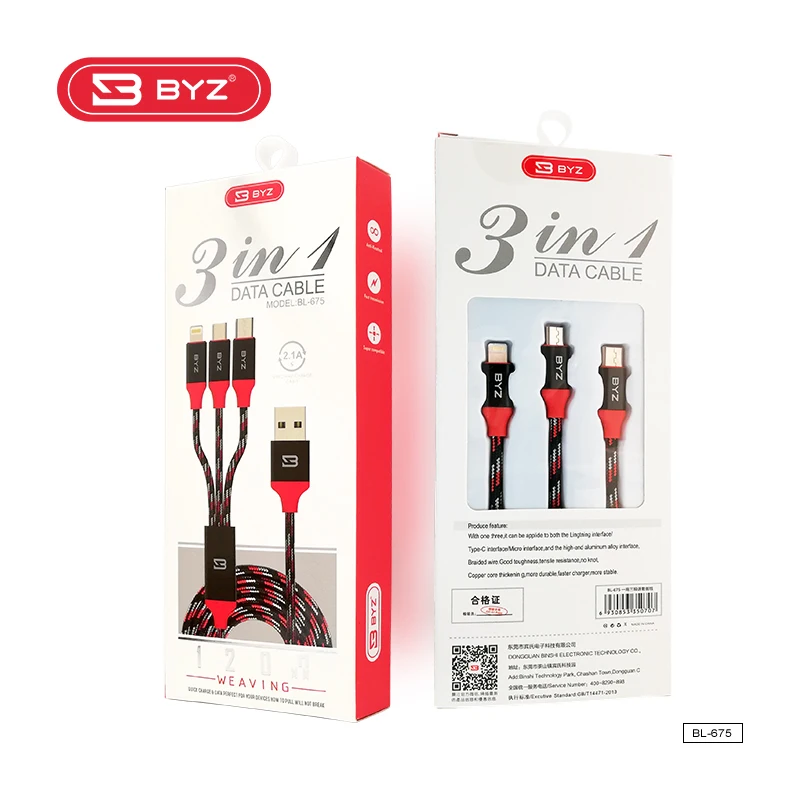The best quality BYZ high speed nylon braid data cable 3 in 1 multiple function USB cable support for type-c iphone micro cable - ANKUX.COM
