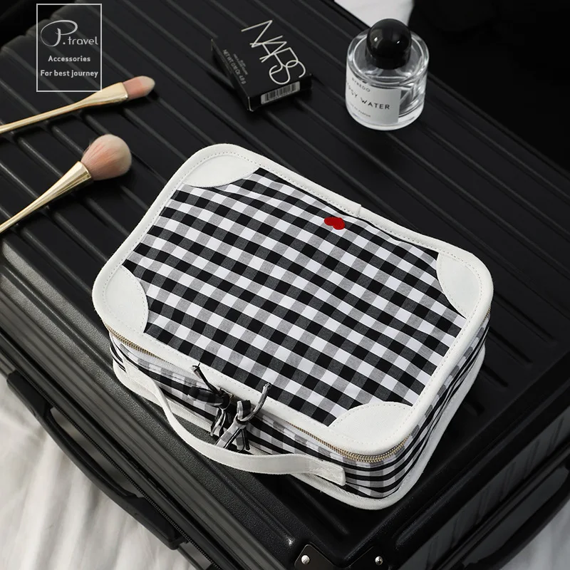 2023 Women Cotton Plaid Checkerboard Pouch Organizer Cases Cosmetic