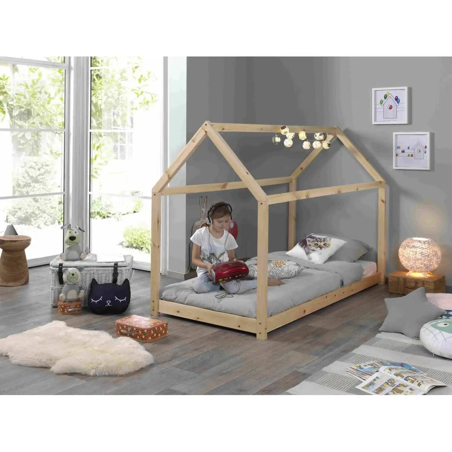 Kids Wooden Single House Bed In Pine 