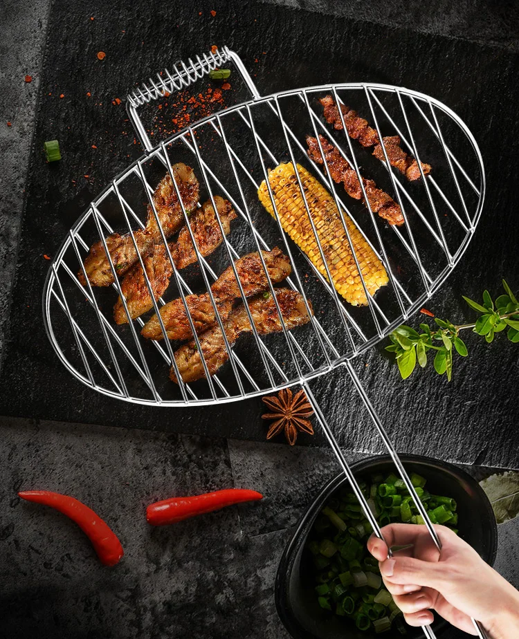 烧烤烧烤金属钢制户外烧烤可折叠烧烤工具金属丝网夹篮,带木柄 - buy