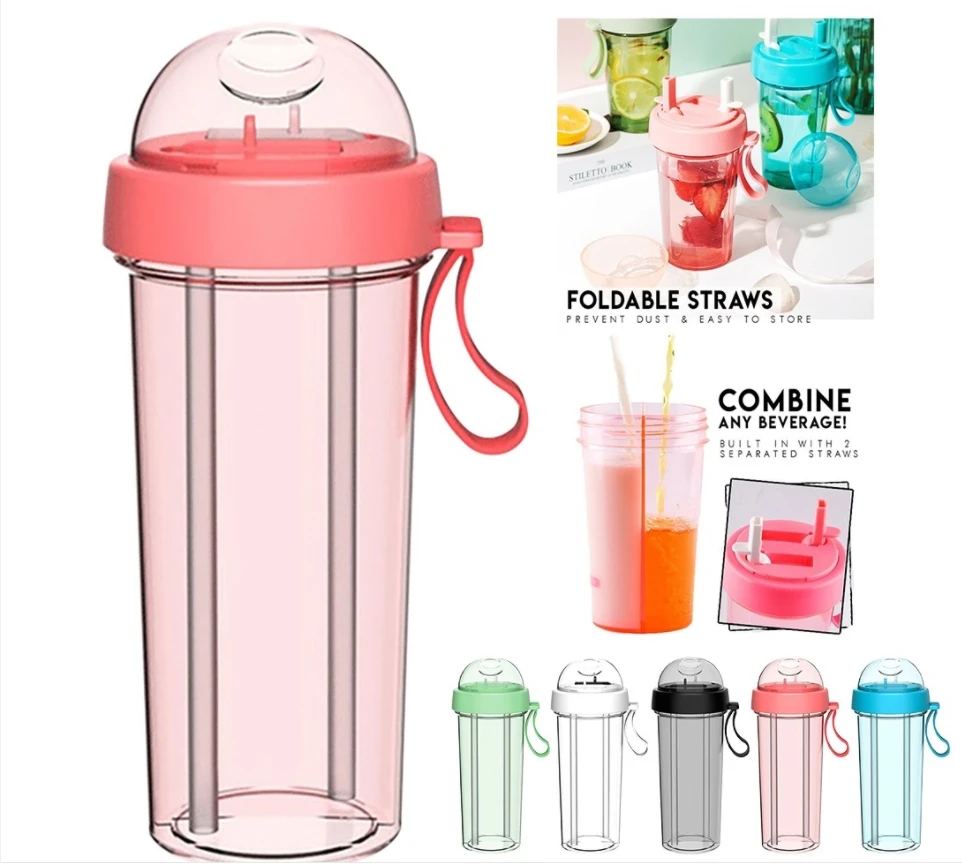Household Travel Sport Plastic Separated With Straw Water Bottle Dual-Use Cup