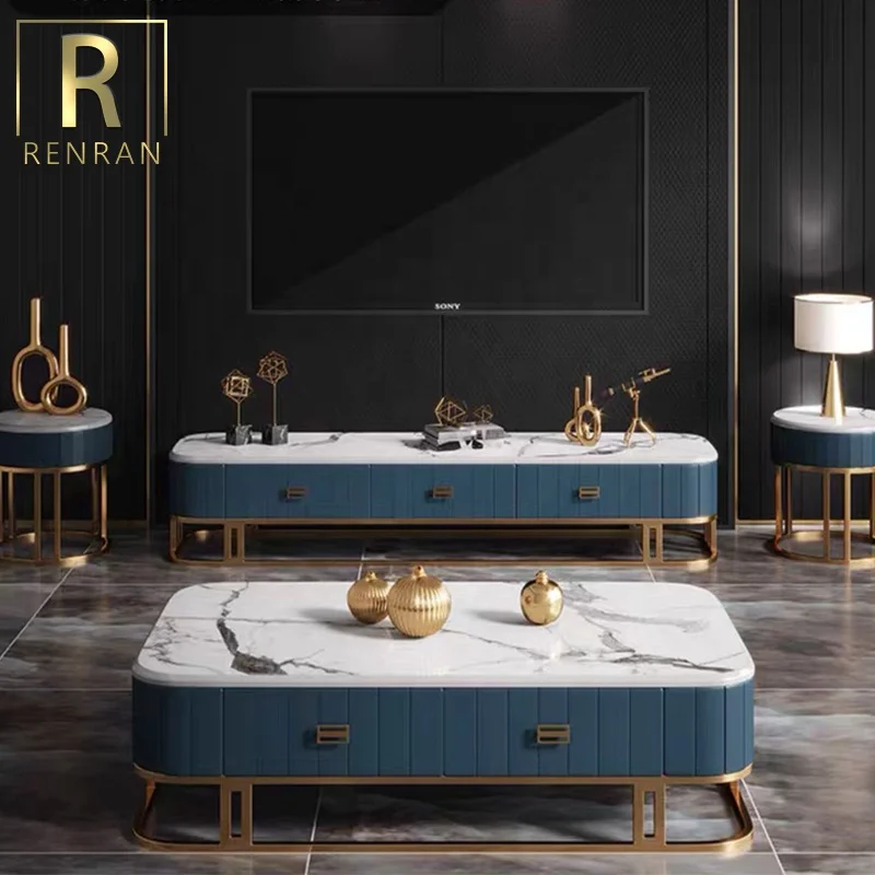 Modern Design Luxury Fancy Living Room Marble Top Leather Cover Wooden