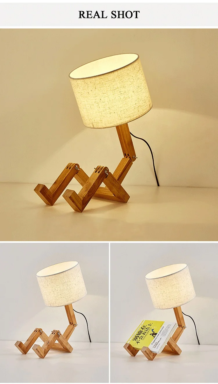 Led Modern Creative Table Lamp Wood Robot Desk Lamp Study Light 
