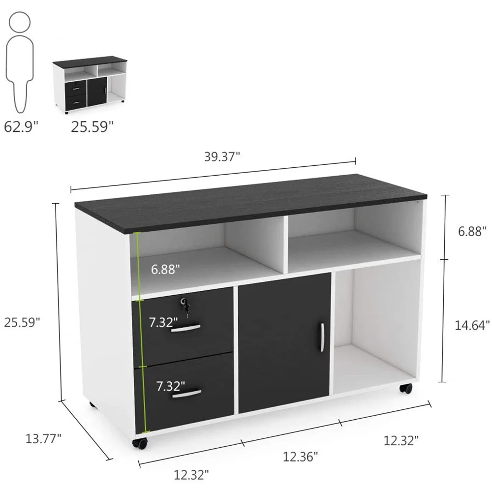 Home Office Furniture Space Saver 2 Drawer Wooden Printer Stand Movable Files Storage Filing
