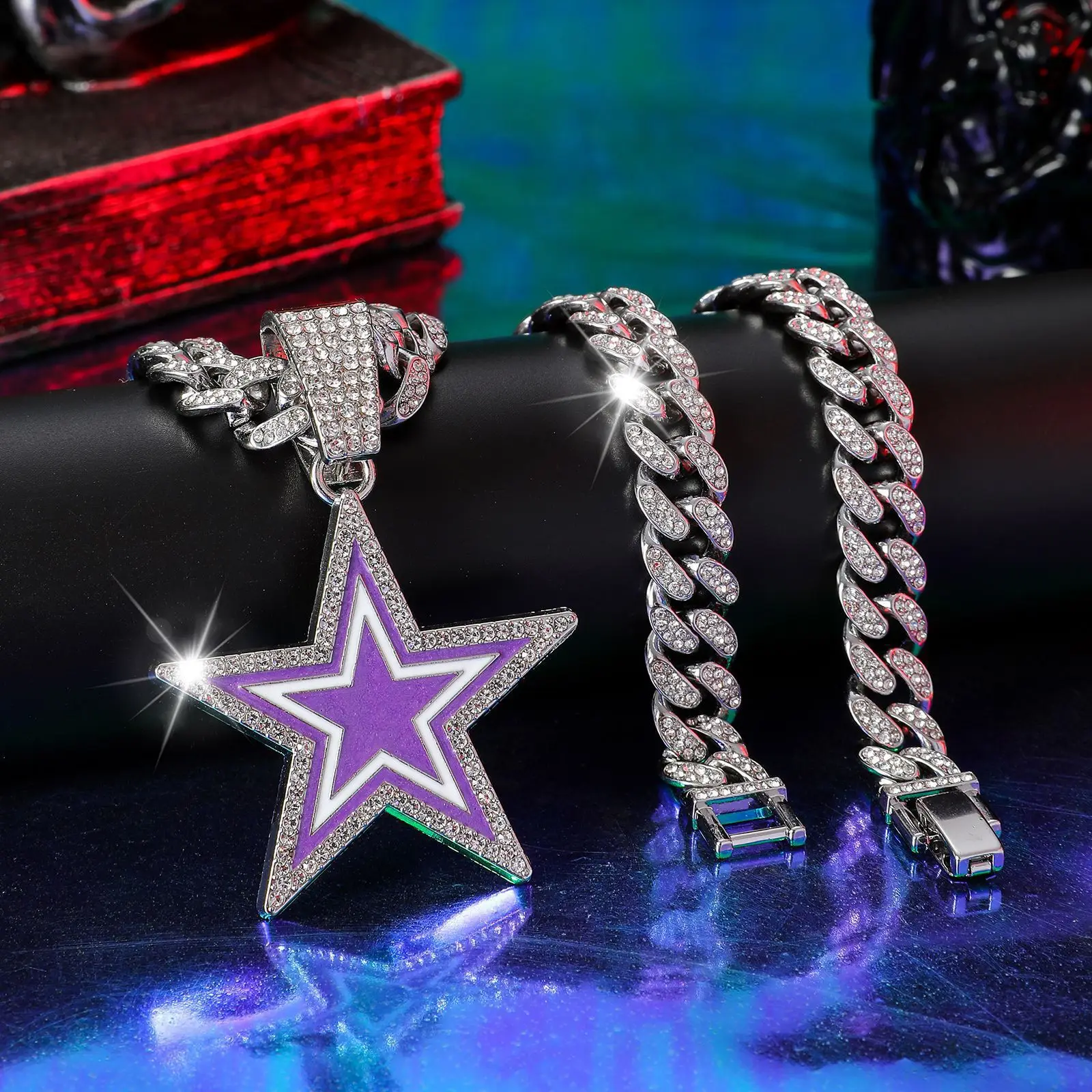 product european american style full diamond blue five pointed star pendant necklace fashionable hip hop design for men women for gift-10