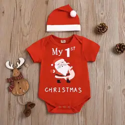 Luxury Cute Red Printed Christmas Baby Romper With Hat Summer Soft Cotton Casual Newborn Romper