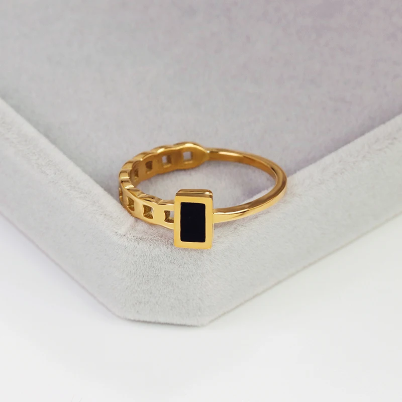 Black Enamel Square Chain Rings Thin Flat Geometric Rings For Women