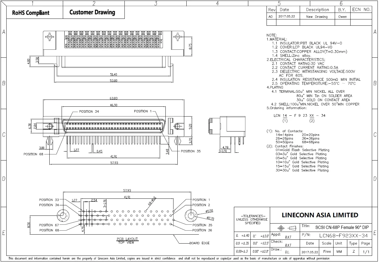 Scsi 68pin 0.05inch Female Mdr 68pin Connector Scsi 68pin Socket Right Angle Dip Type For