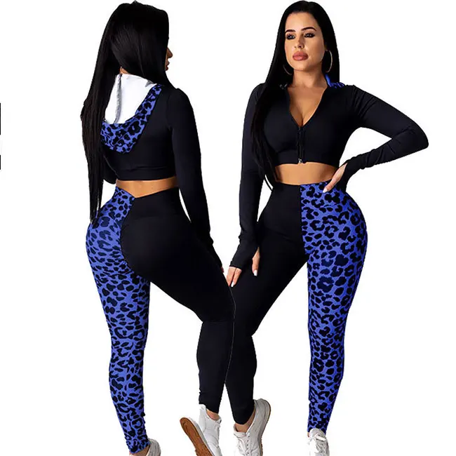 leopard Color Long Sleeve Hooded Sweatshirt Long Pencil Pants Woman Fashion Two Piece Sports Set Women Clothing