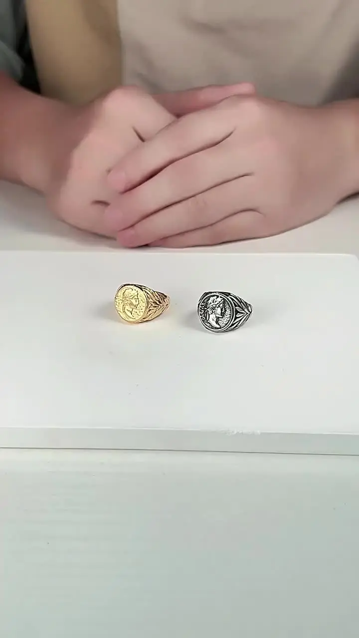 Men's Retro Coin Ring Antique Silver Gold Plated Stainless Steel