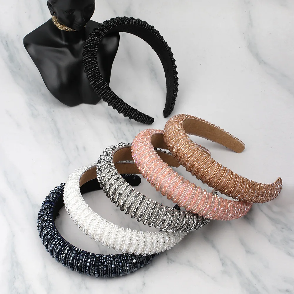 批发时尚奢华钻石发带女士发饰串珠巴洛克风格的水晶加垫水钻头带