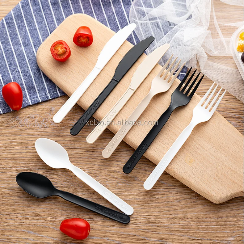 Eco-friendly 100% Biodegradable Compostable CPLA Cutlery Forks Spoons Knives Sets Made from Cornstarch