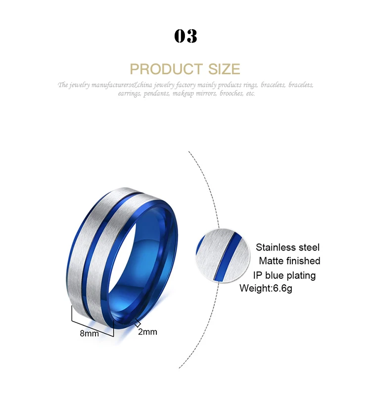 Hot Selling 8MM stainless steel exterior brushed blue men's ring R-450