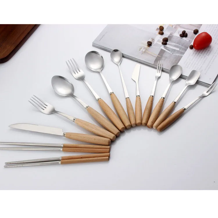 Anna-Kaci Wooden Handle Stainless Steel Flatware Set with Fork Knife and Spoons 4 Piece Set