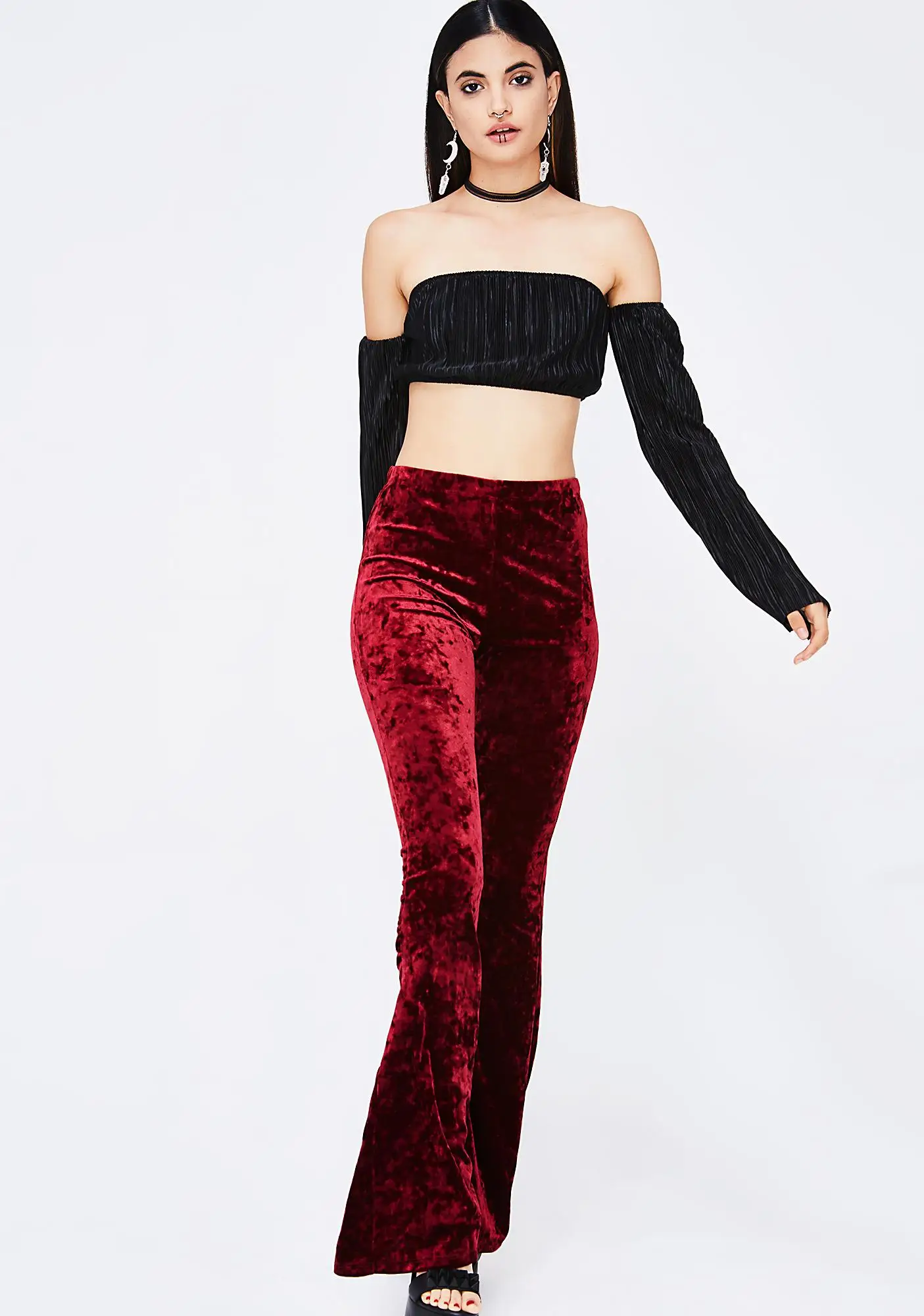 Red Clothing Women Flare Long Velvet 