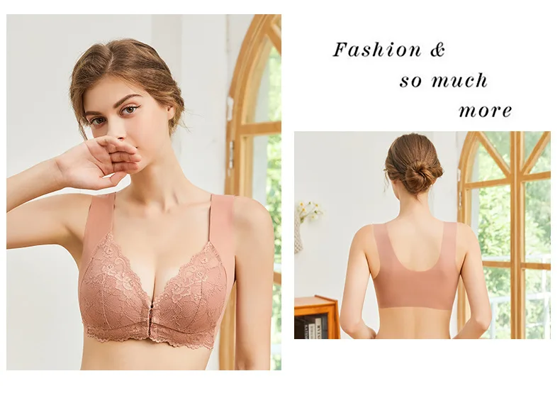 Cross-Border Ladies Seamless Thin Bra Large Size Front Opening Buckle Sexy Lace Steel Ring Back Customizable Cup Wholesale