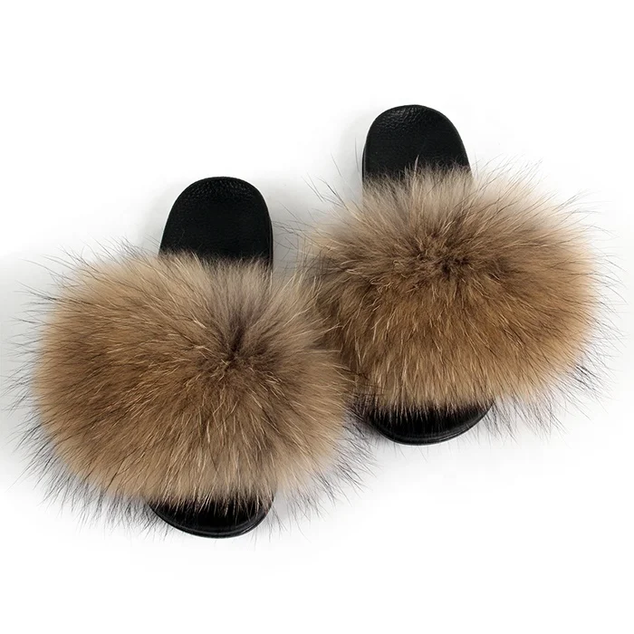 
Women Real Fox Fur Slides Slippers Home Furry Flat Sandals Girls Cute Fluffy House Shoes 