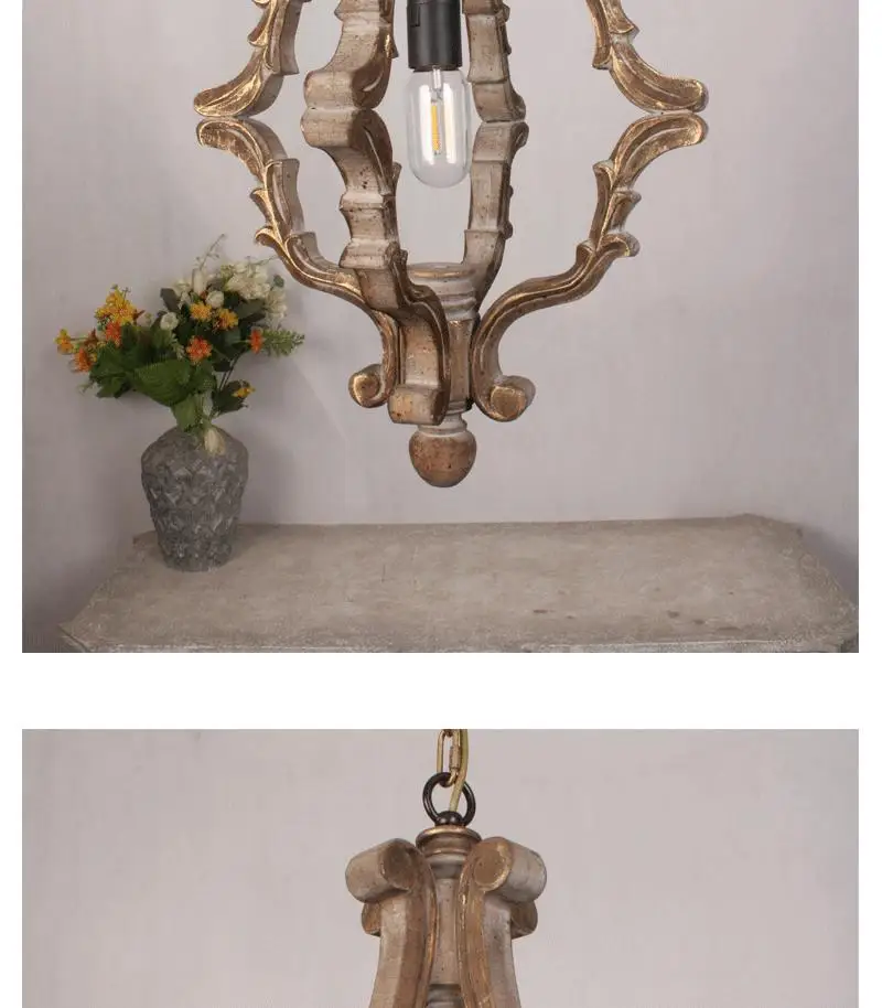 product american country style solid wood single head pendant light vintage small gold trim for clothing store dining room light-9