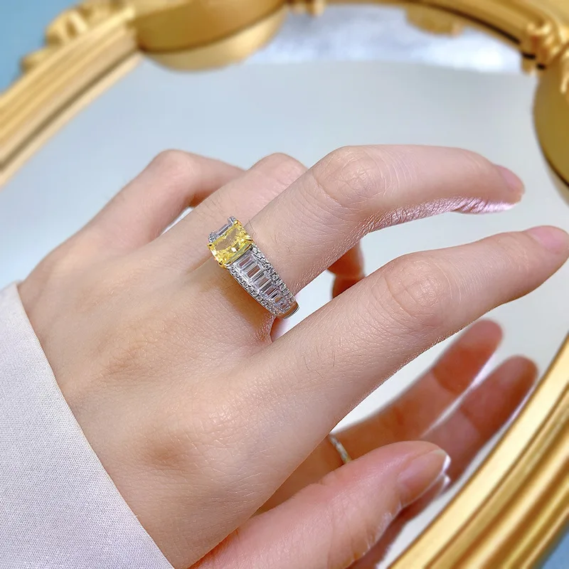 2025 Collection High Carbon 925 Silver Yellow Diamond Ring Radiant Cut 5*7mm Lab Diamond Style Best Seller Rhodium Plated