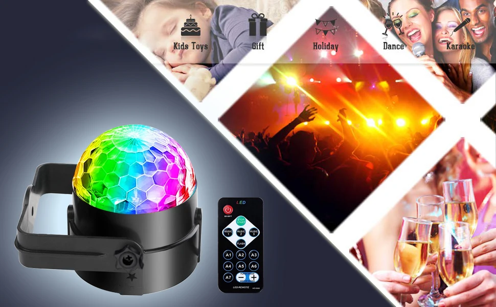 7 Colors Sound Activated Remote Control Dj Lights Rotating crystal disco ball lights Strobe led mini stage party lights supplier