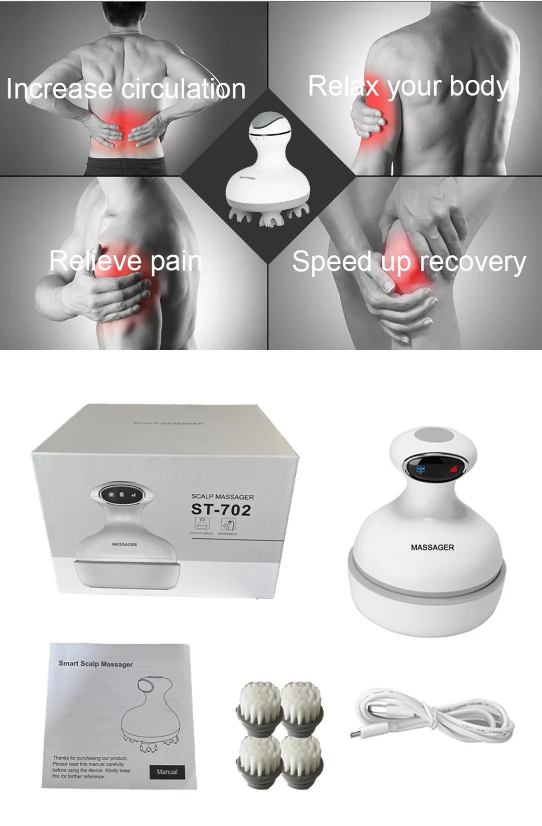 Wholesale Rechargeable Electric Scalp Waterproof Head Massager Hand Held Electric Vibrating Head