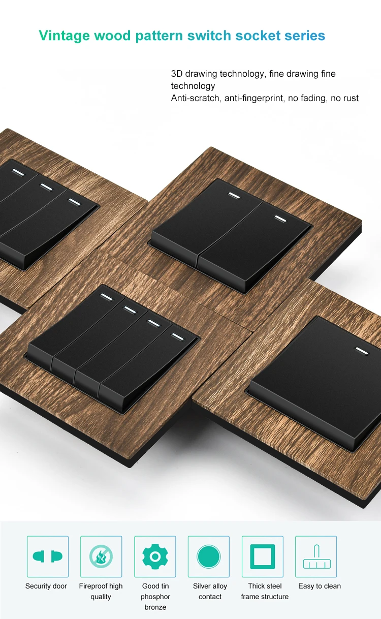 1 Gang 2/3/5 Pin Wood Grain 10A 110V 220V Electric Universal Socket With Wall Switch