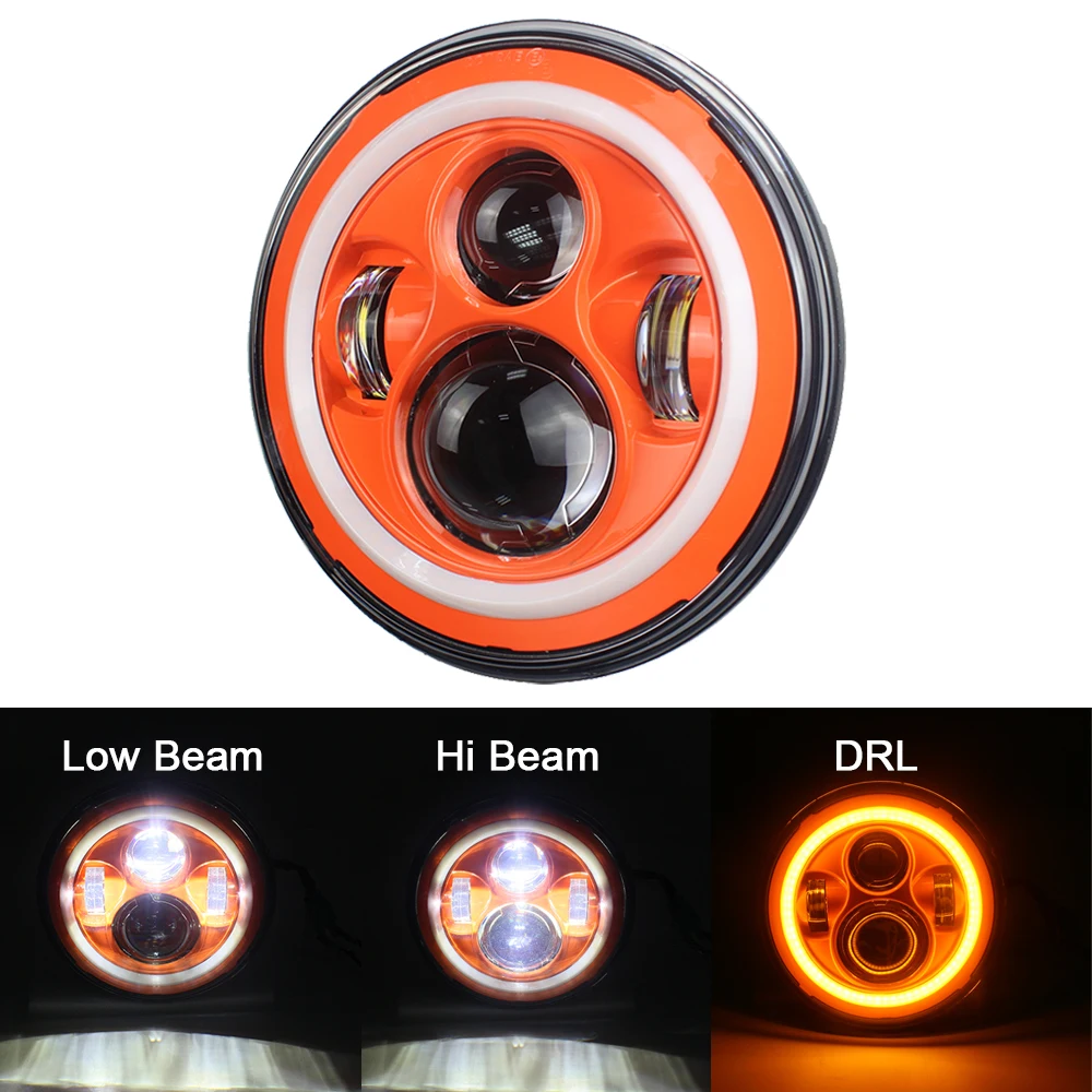 Orange 7" Round Angle Eye LED Headlight Hi-Low Beam Halo Kits For Jeep Wrangler JK LJ Motorcycle