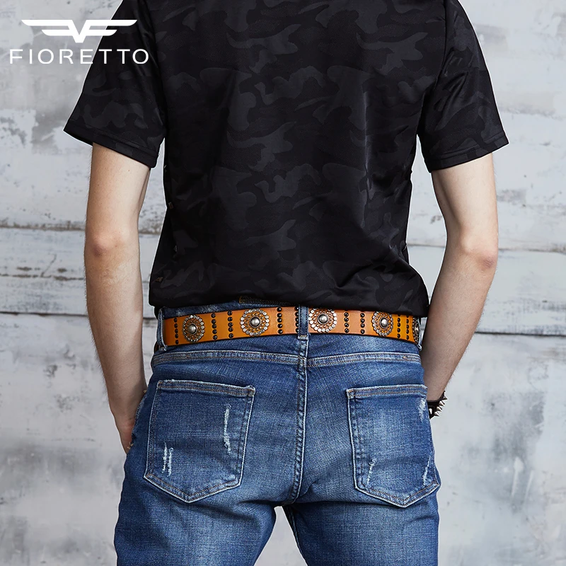 FIORETTO Stylish Mens Studded Casual Italian Cowhide Leather Belts For Jeans Punk Rock Rivets Belt With Buckle For Men Black 