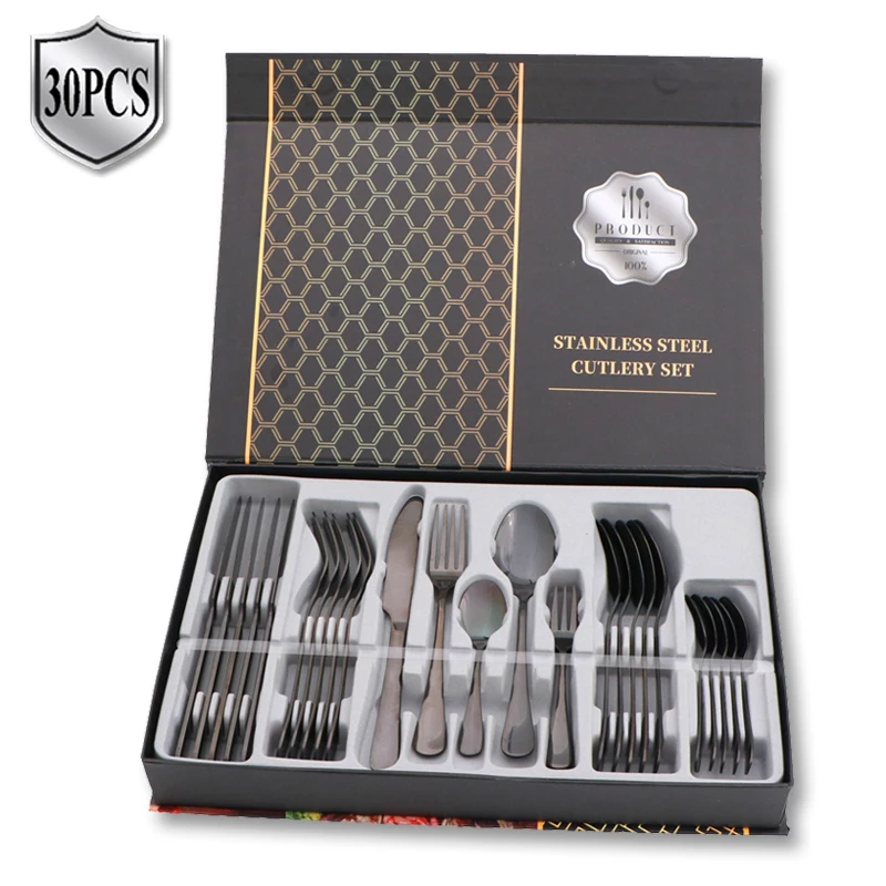 30 Pcs Custom Black Cutlery Set Stainless Steel Cutlery Luxury Box Set Party Cutlery Wholesale