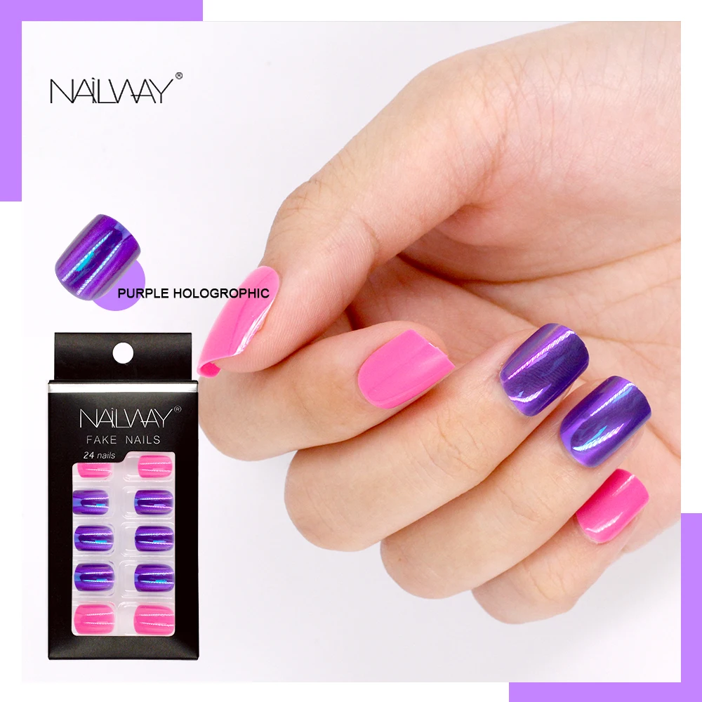 Factory Holographic False Nail Art 24pcs/set Sweet Color Nails Abs