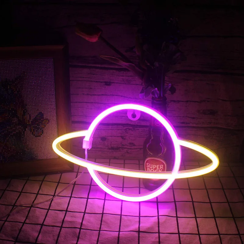 2020 USB Charging Battery Wall Hanging Decorative Planet Shaped LED Neon Lights for Christmas Party Kids Living Room decor