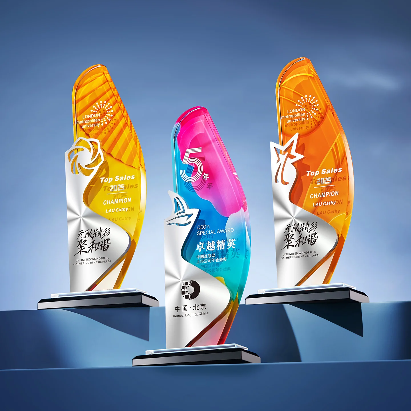 product durable sandblasted glass crystal trophy with uv printed graphics corporate gifts award on wooden base wdy 0417-9