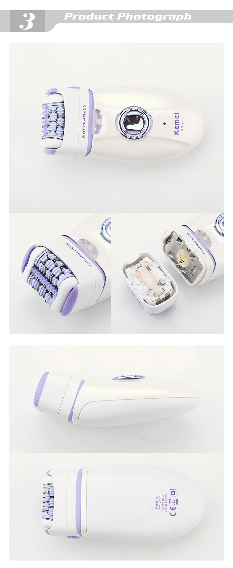 Kemei KM-2666 Led Double Head Epilator Electric Shaver Callus Remover Massager Hair Remover Women Grooming Kit