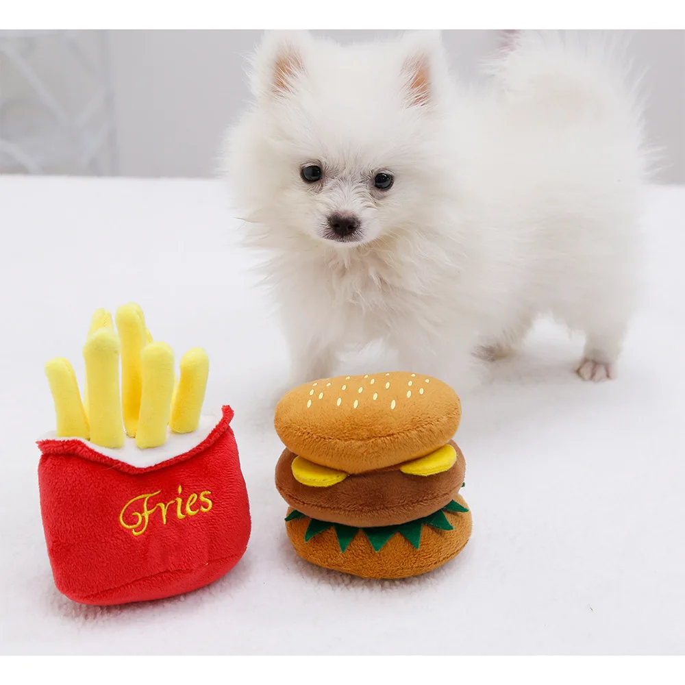 Eco-Friendly Luxury Cat Small Dog Teddy Plush Sound Toy Cute Cartoon Fries Burger Pet Supplies Toy Made Rubber Cotton Plastic