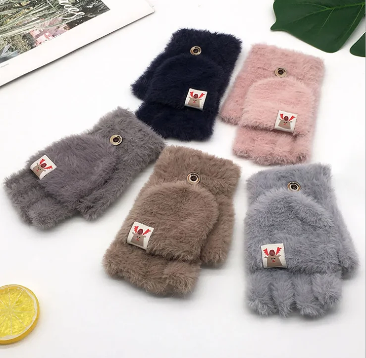 
custom cute lovely children kids lady velvet Pure color knitted winter magic soft gloves 