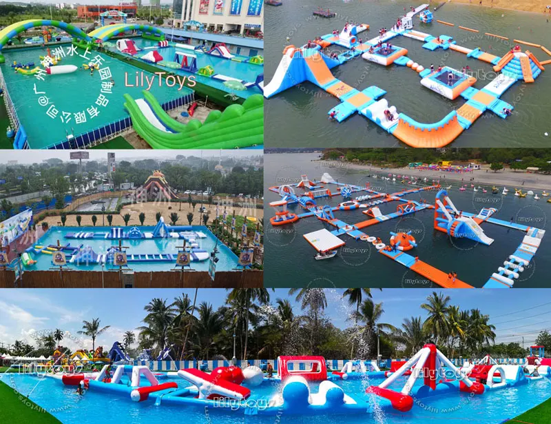 Inflatable Moving Water Park With Obstacle Slide Inflatable Water